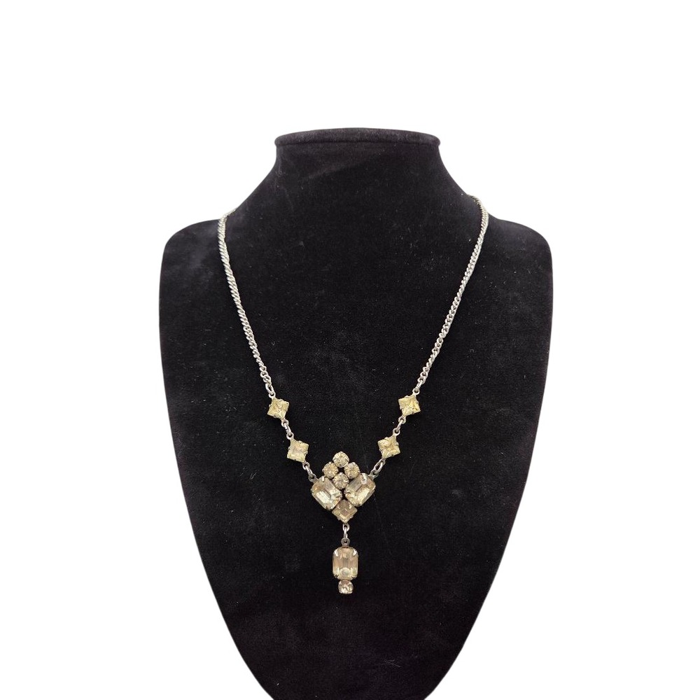 Vintage Art Deco Rhinestone Silver Tone Lavalier Style Necklace